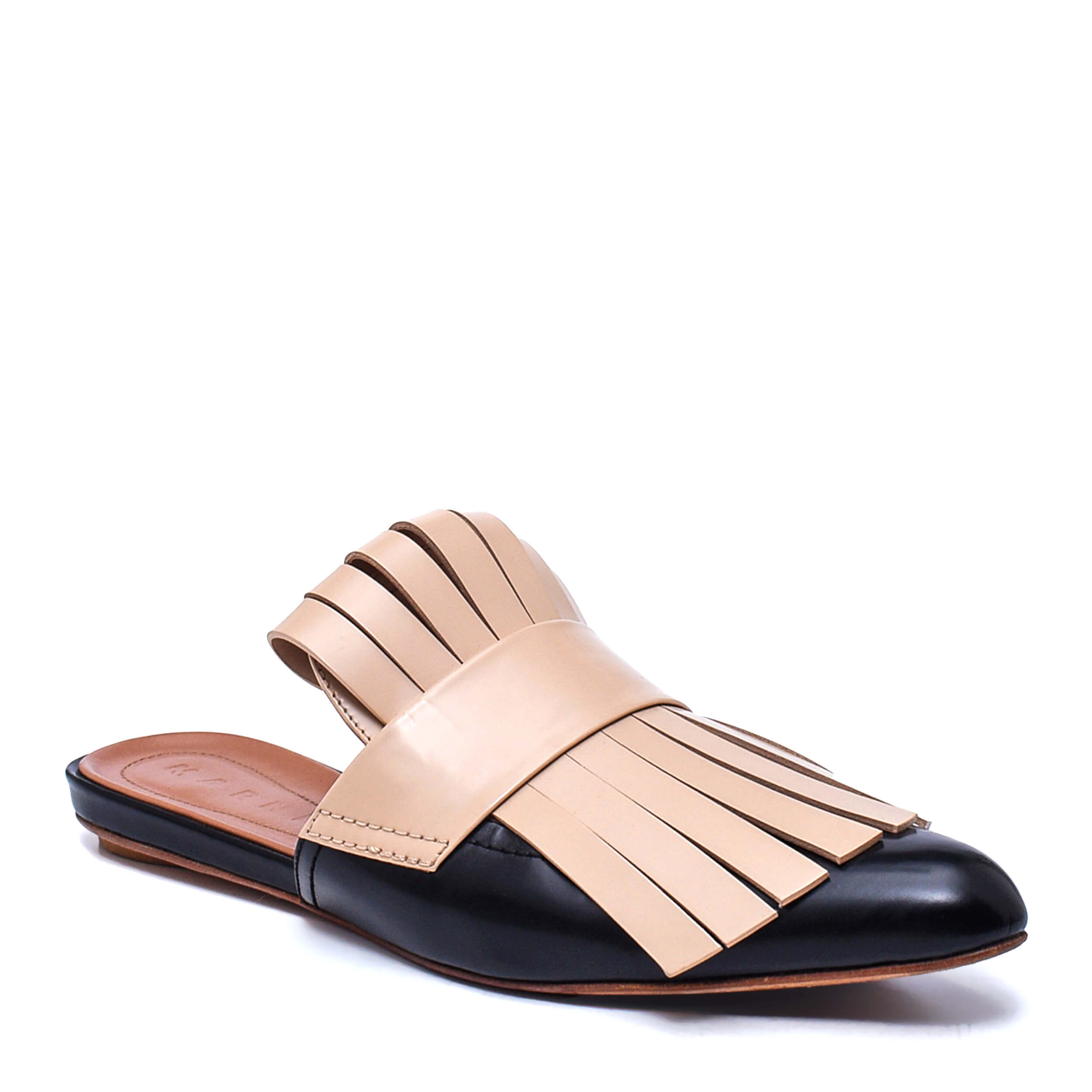 Marni - Sabot Black & Nude Fringe Leather Flat Mules / 39